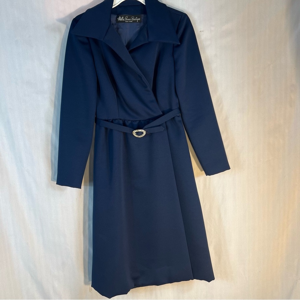 Vintage Mollie Parnis Boutique New York Dress Blue Wrap Long Sleeves Collared 8